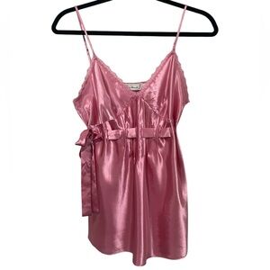 Vintage Pink Satin Camisole - Synched Bow Accent + Lace Trim - NWT (Size M)